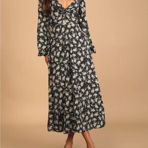 Found Your Bliss Black Print Long Sleeve Lace-Up Midi Dress